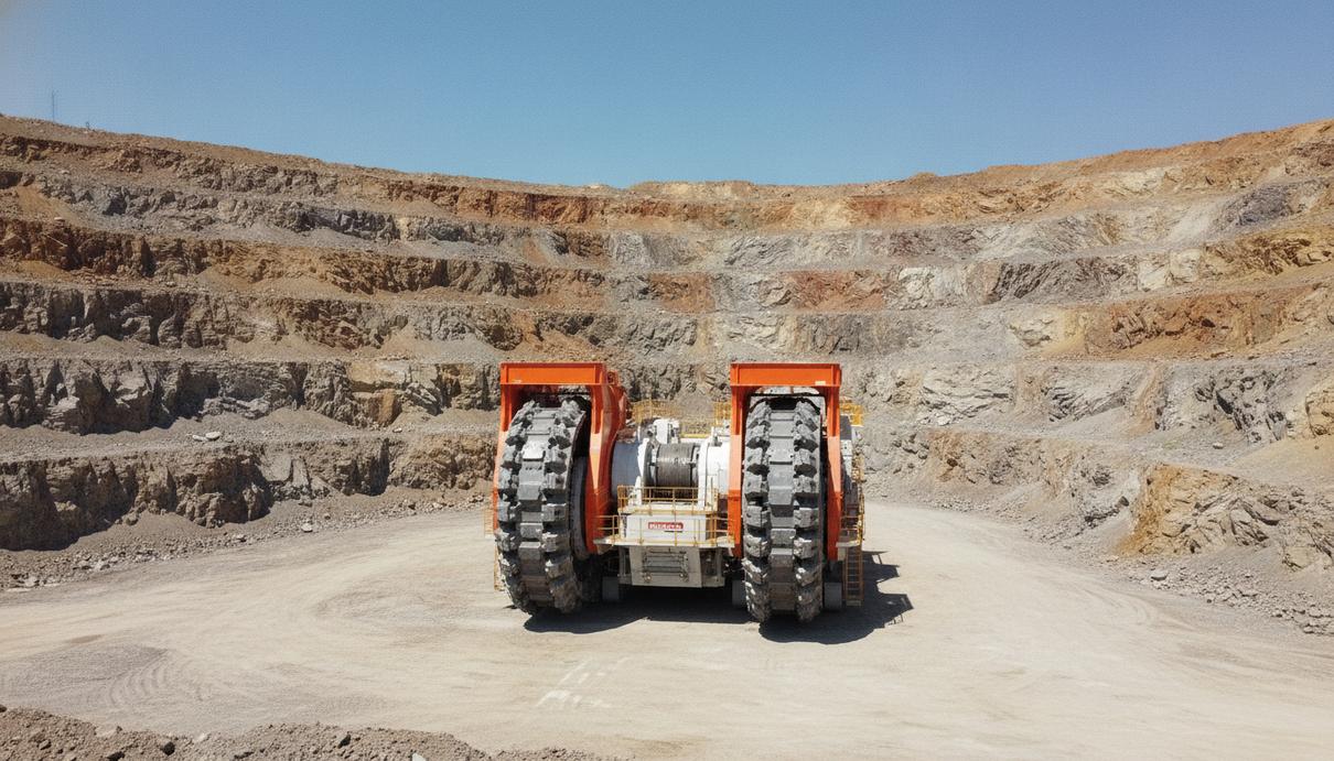 Новая валковая дробилка Metso Durarok на дне открытого карьера. Крупногабаритная горная техника установлена на фоне высоких скальных уступов.