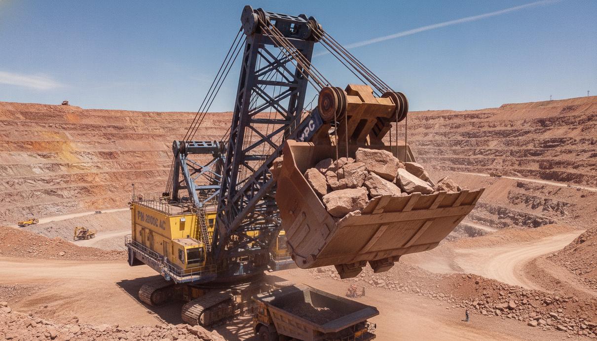 Komatsu запустила первый в Северной Америке экскаватор P&H 2300XPC AC Крупный карьерный канатный экскаватор Komatsu P&H 2300XPC AC на фоне уступов медно-золотого рудника.