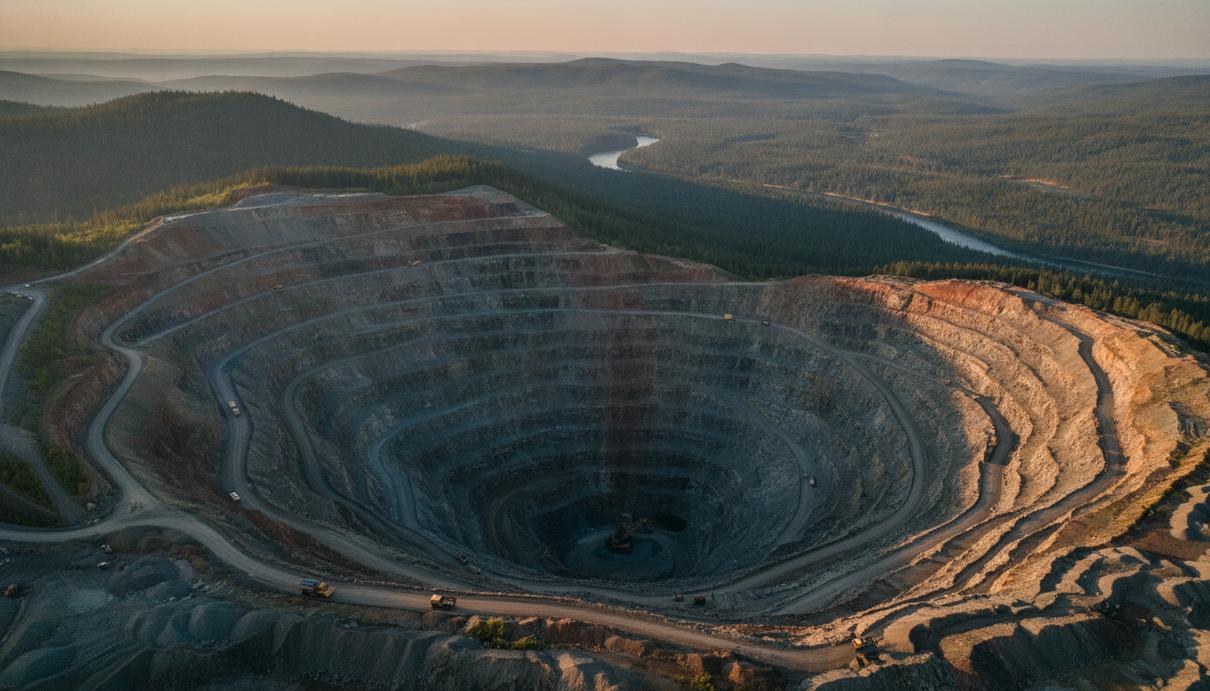 Hudbay Minerals расширяет рудник Copper Mountain в Британской Колумбии Панорамный вид на огромный карьер медного рудника в горной лесистой местности. На склонах карьера видны террасы и слои породы.
