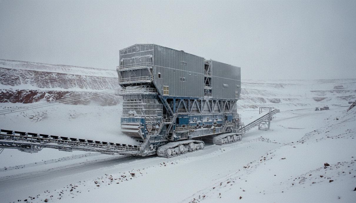 CITIC HIC оснастила рудник Zijin Mining дробильной станцией для –40°C Промышленный вид: гигантская полумобильная дробильная станция в заснеженном открытом карьере по добыче руды.