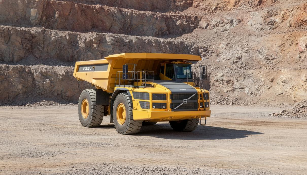 Большой карьерный самосвал Volvo R100 жёлтого цвета стоит в каменноугольном карьере на фоне скальных уступов.