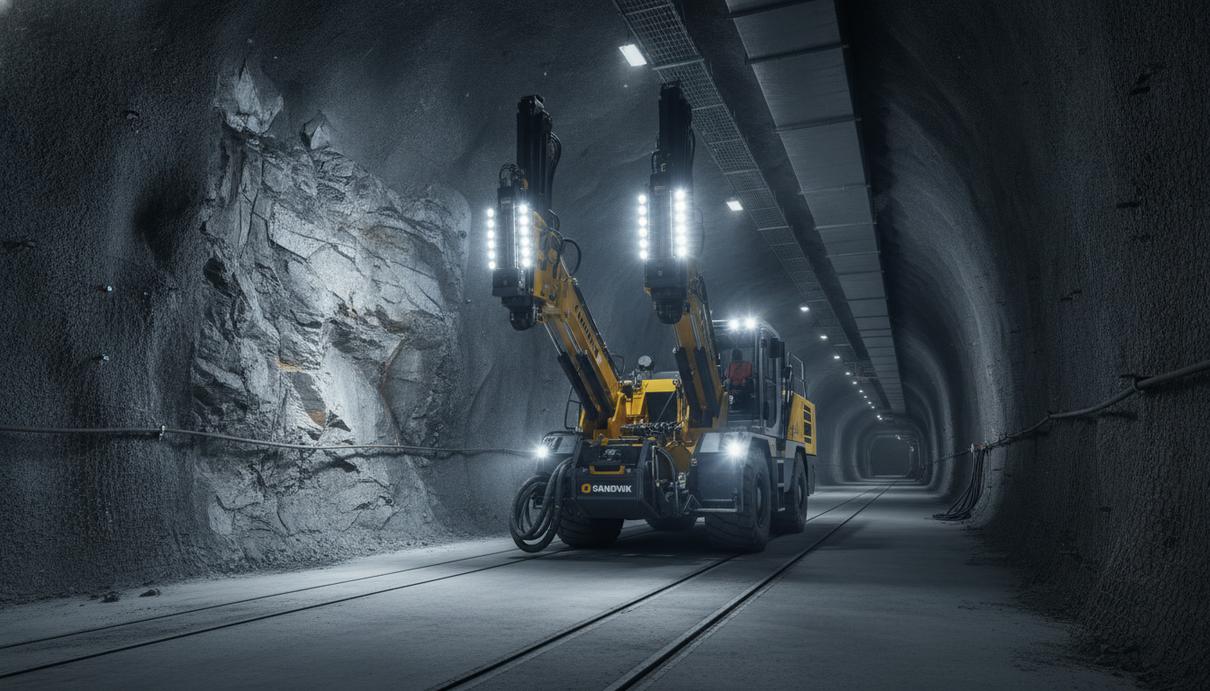 Sandvik представила новую аккумуляторную проходческую установку Аккумуляторная проходческая буровая установка Sandvik DD423iE в подземном тоннеле горнодобывающего предприятия.