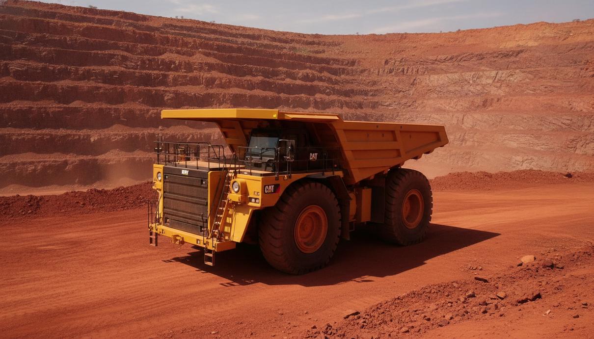 BHP и Rio Tinto совместно испытывают электросамосвалы Caterpillar в Австралии Крупный карьерный самосвал Caterpillar жёлтого цвета на фоне железорудного разреза в регионе Пилбара, Австралия.