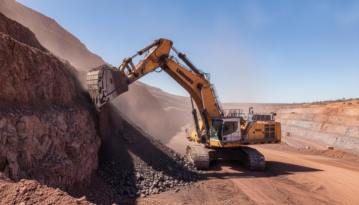 Огромный карьерный экскаватор Liebherr R 9800 с полным ковшом породы на фоне угольного разреза в Австралии.
