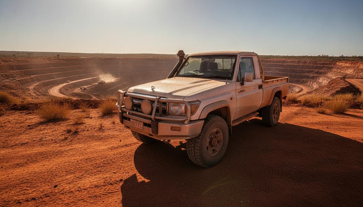 Белый пикап Toyota Landcruiser, покрытый красной пылью, на фоне карьера австралийского рудника Олимпик-Дам.