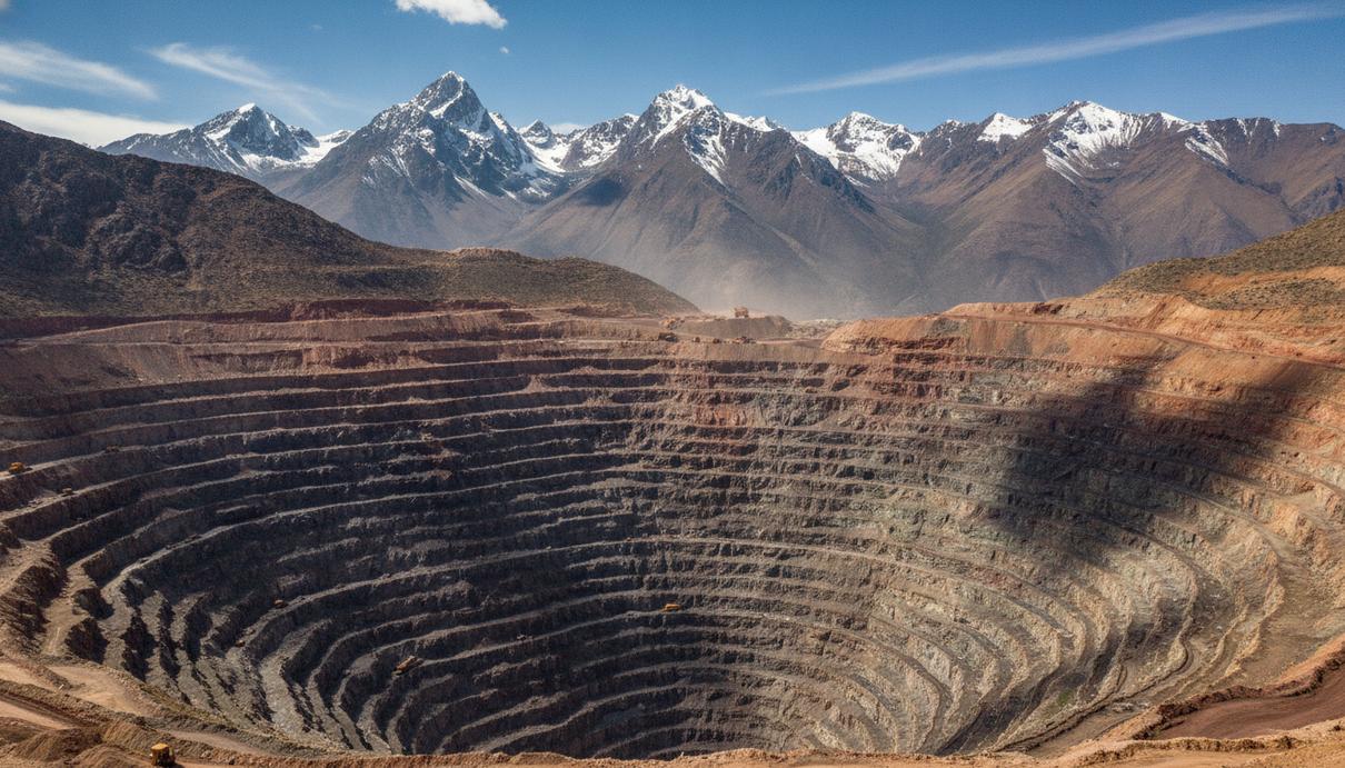 Anglo American и Codelco совместно освоят медные рудники в Чили Огромный карьер по добыче меди в горах Андах, террасные склоны рудника и вид на горный хребет.