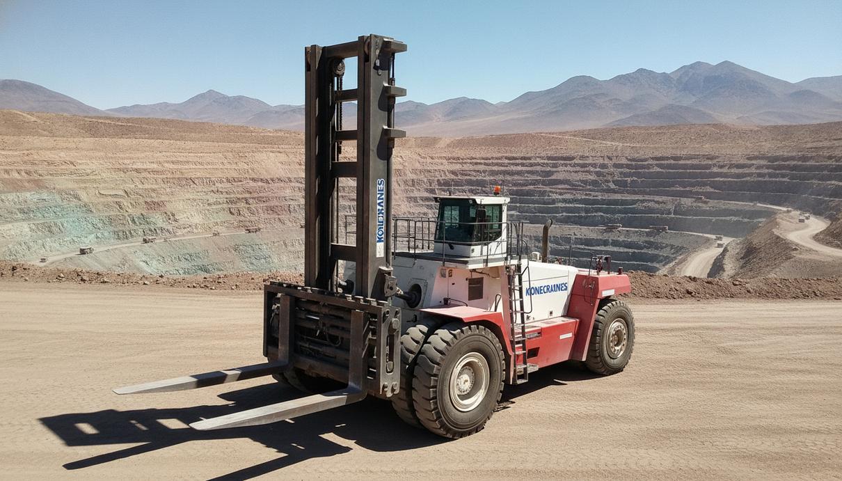 Konecranes поставит 23 погрузчика на медный рудник в Чили Тяжёлый вилочный погрузчик Konecranes на фоне большого карьера по добыче меди в Чили.