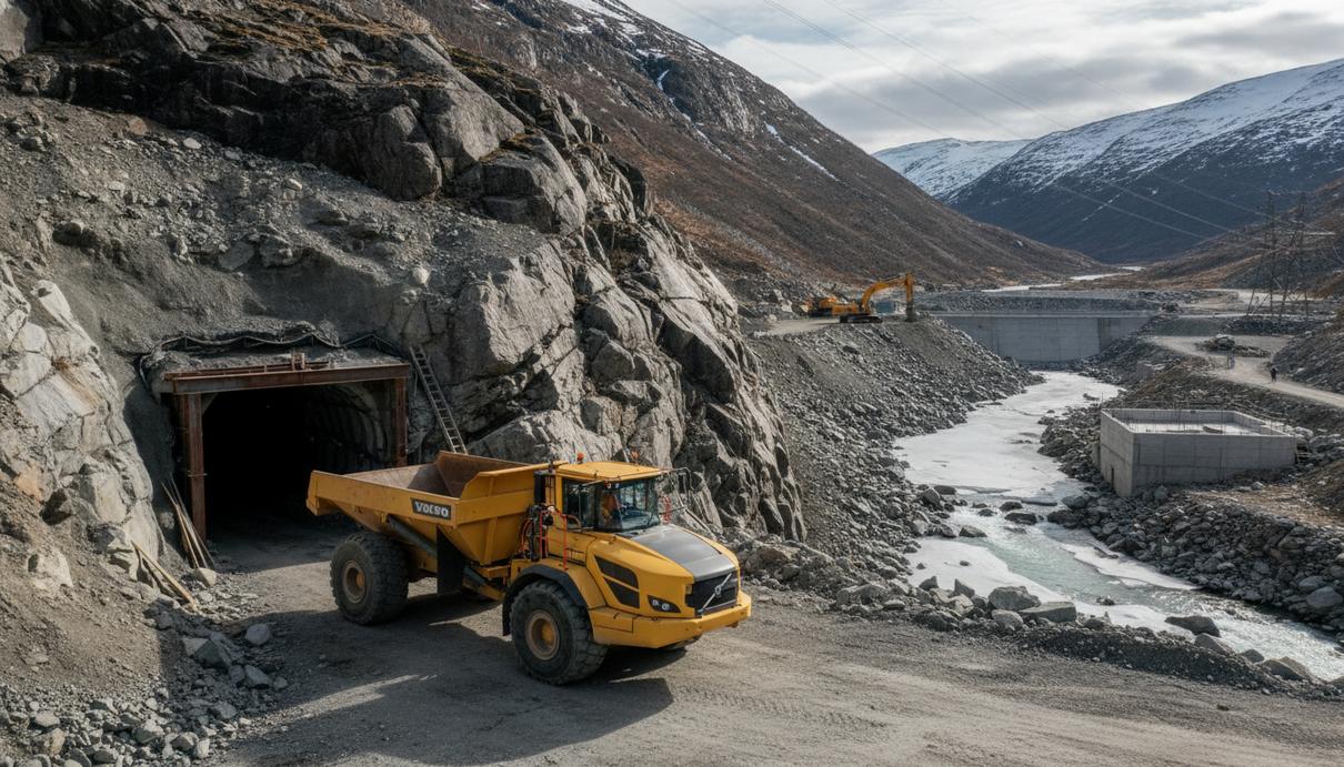 Жёлтый электрический карьерный самосвал Volvo A30 на стройплощадке ГЭС у входа в тоннель в скалистых горах Норвегии.
