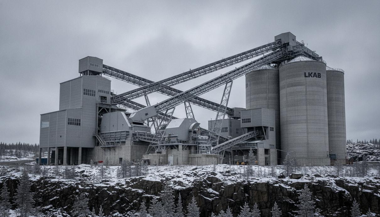Sandvik поставит LKAB оборудование для нового комплекса на 175 млн крон Современный дробильно-сортировочный комплекс для железной руды с конвейерами и силосами на фоне скалистого северного пейзажа.