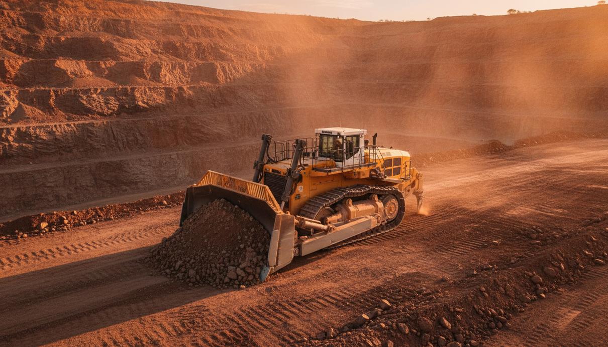 Liebherr поставила первые бульдозеры австралийской компании MACA Большой карьерный бульдозер Liebherr PR 776 G8 желто-белого цвета на территории золотодобывающего карьера в Австралии.