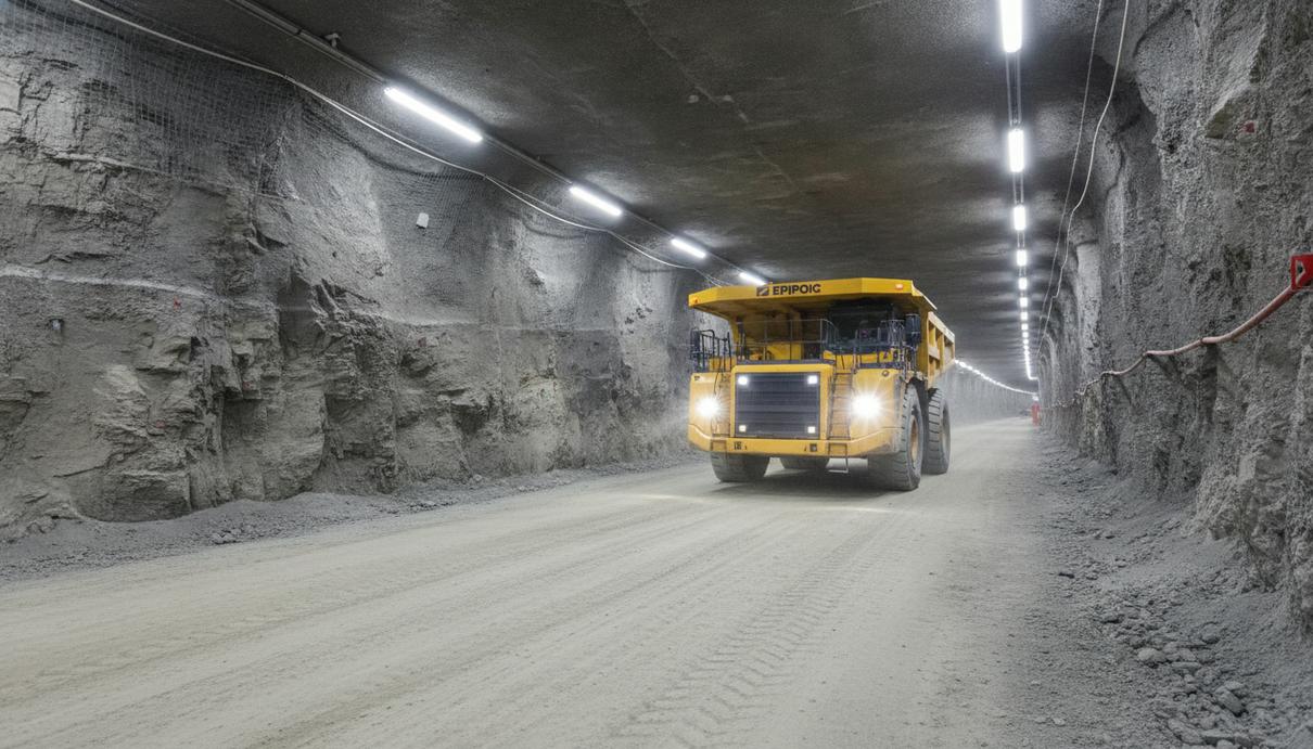 Central Asia Metals обновляет парк техники на руднике Саса в Македонии Крупный желтый шахтный самосвал Epiroc едет по просторному, освещенному тоннелю современного подземного рудника.