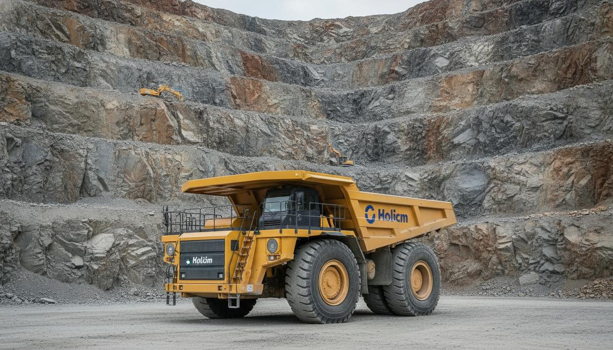 Крупный желтый карьерный самосвал LiuGong DR50CE с логотипом Holcim стоит в большом карьере по добыче скальной породы.