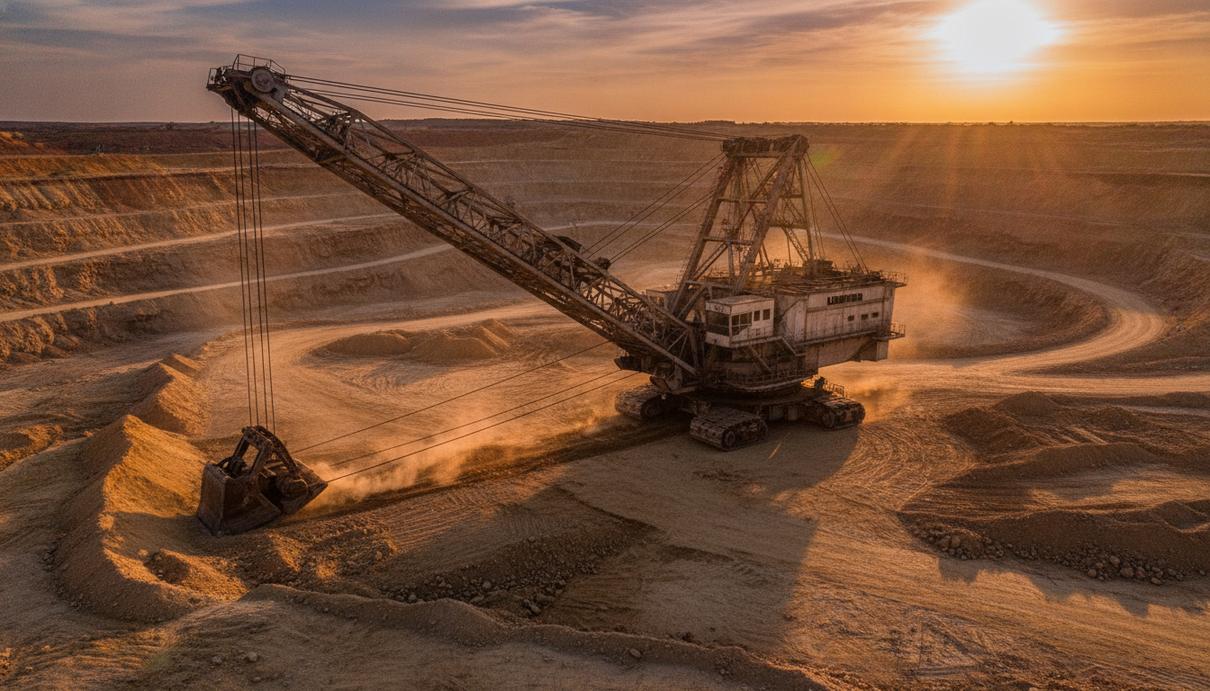 Liebherr вывел на рынок карьерный драглайн LMD 1200 Большой карьерный драглайн Liebherr LMD 1200 с длинной стрелой в открытом разрезе на фоне скальных пород.