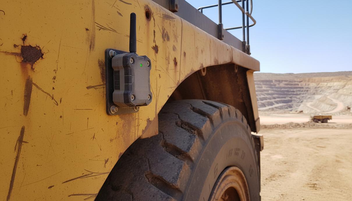 Маленький защищенный GPS-трекер, установленный на борту карьерного самосвала на фоне большого открытого рудника.