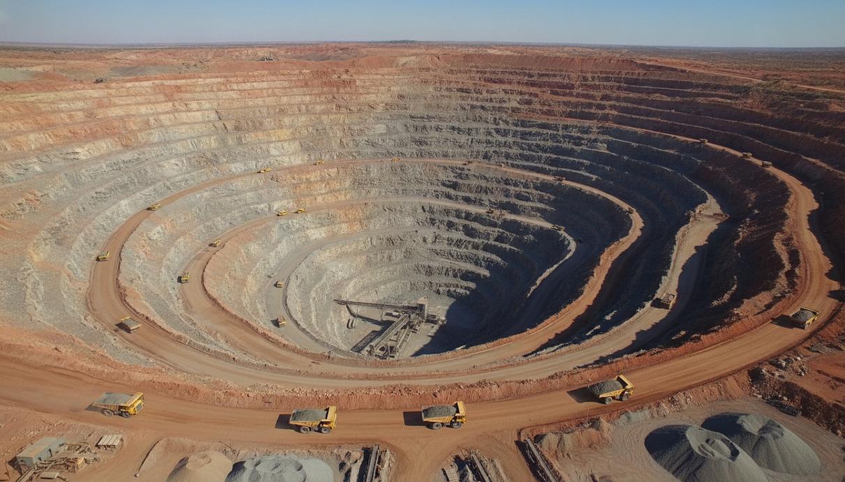 CIMIC Group консолидировала 100% подрядчика Thiess за 1,18 млрд A$ Крупный карьер по добыче полезных ископаемых с высоты птичьего полета, гигантские карьерные самосвалы на уступах.