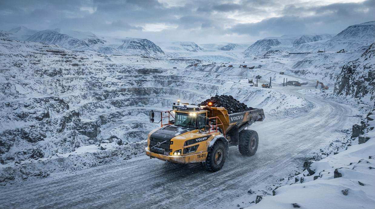 Volvo внедрит беспилотные самосвалы на руднике в шведской Арктике Беспилотный карьерный самосвал Volvo на заснеженном железорудном месторождении в Арктике.