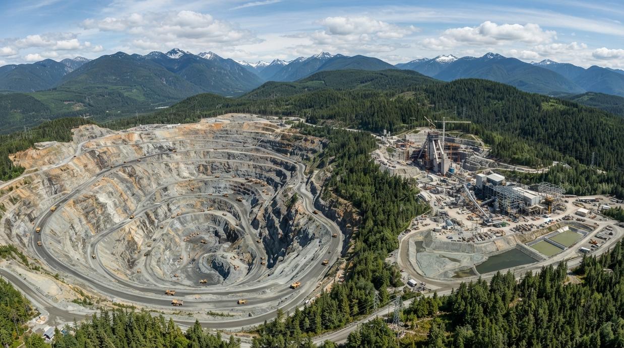 Newmont получит C$500 млн от Канады на рудник Red Chris Огромный карьер медно-золотого рудника Red Chris в горах Британской Колумбии, Канада. На заднем плане видна инфраструктура для подземной добычи.