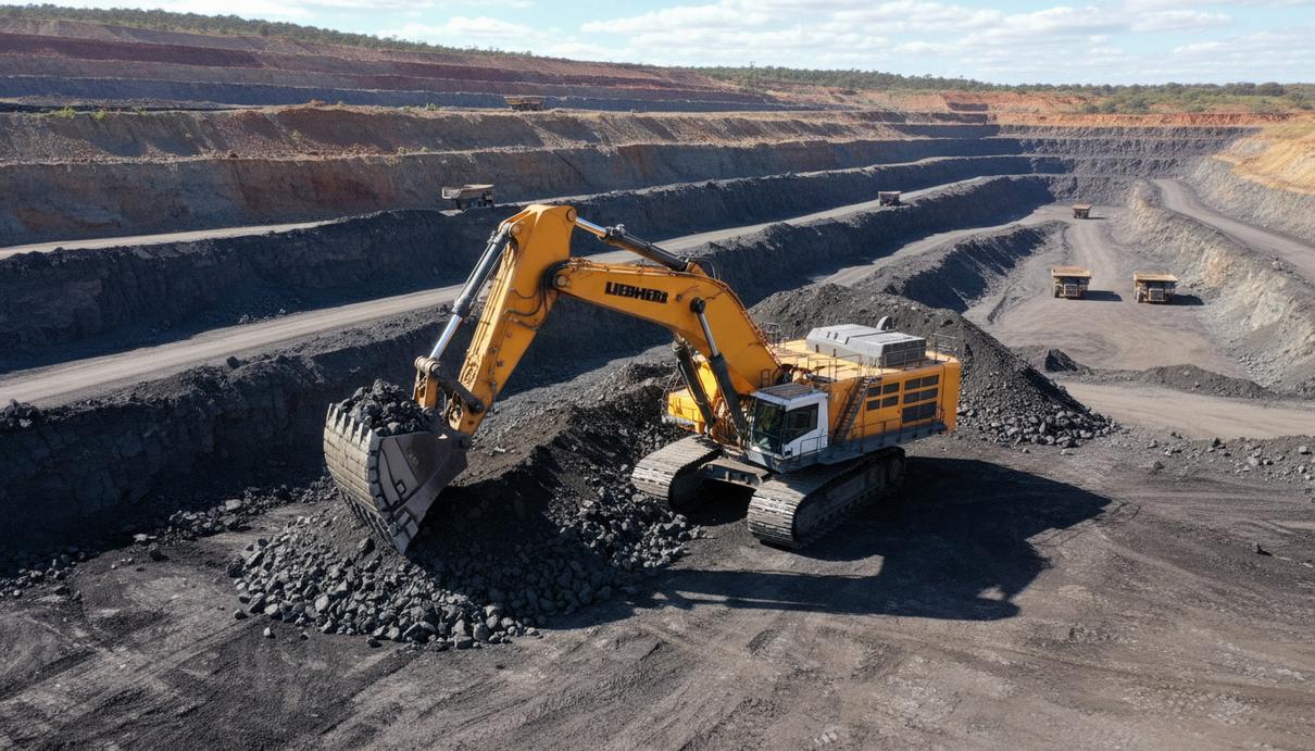 Огромный карьерный экскаватор Liebherr R 9600 с полным ковшом породы на фоне террасных уступов угольного разреза.