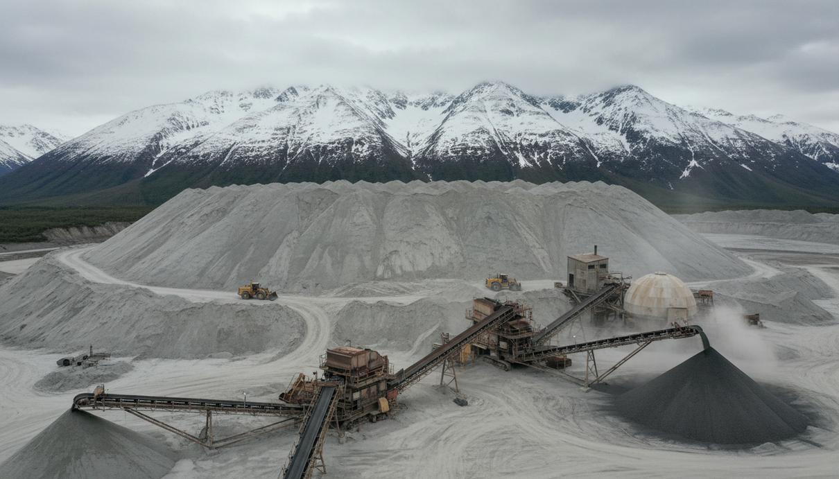 NVRO Metals переработает 35 тыс. тонн хвостов с рудника Hecla на Аляске Отвалы хвостов обогатительной фабрики на фоне горного пейзажа Аляски и промышленного оборудования для их переработки.