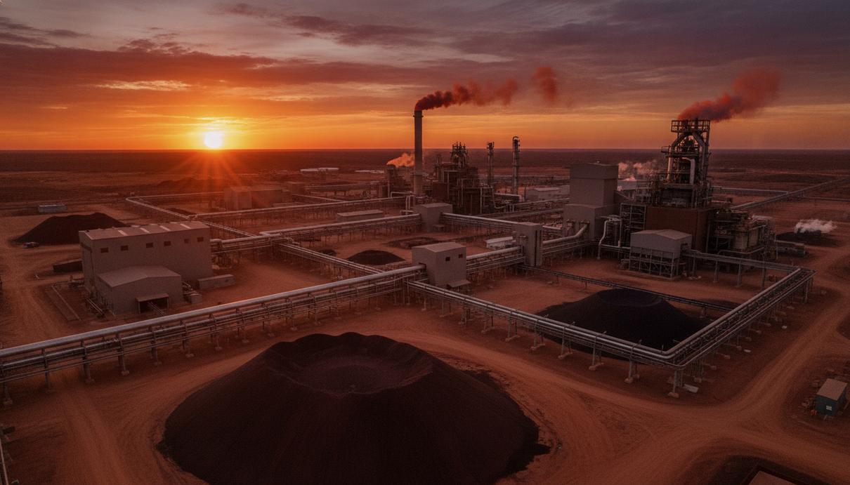 BHP привлекла China Nerin к расширению медного производства в Австралии Промышленный комплекс медеплавильного завода в австралийской пустыне на закате: трубы, заводские корпуса и дымовые трубы.