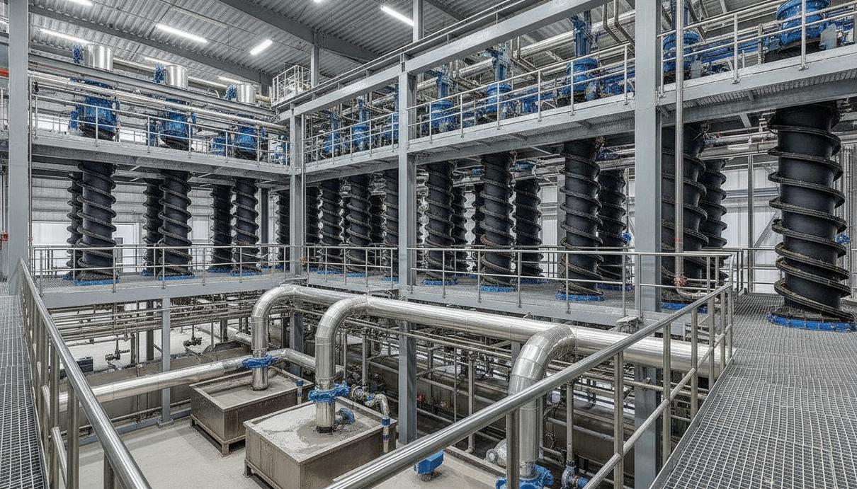 Multotec нацелился на канадский рынок обогащения железной руды Многоярусная установка спиральных концентраторов на обогатительной фабрике. Промышленное оборудование для переработки полезных ископаемых.