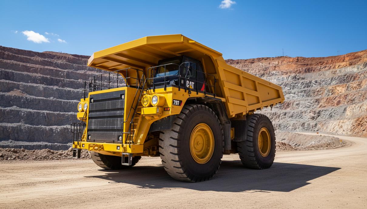 В Южной Африке продали первые карьерные самосвалы Cat 797 WBT Новый жёлтый карьерный самосвал Caterpillar 797 WBT в разрезе открытого рудника.