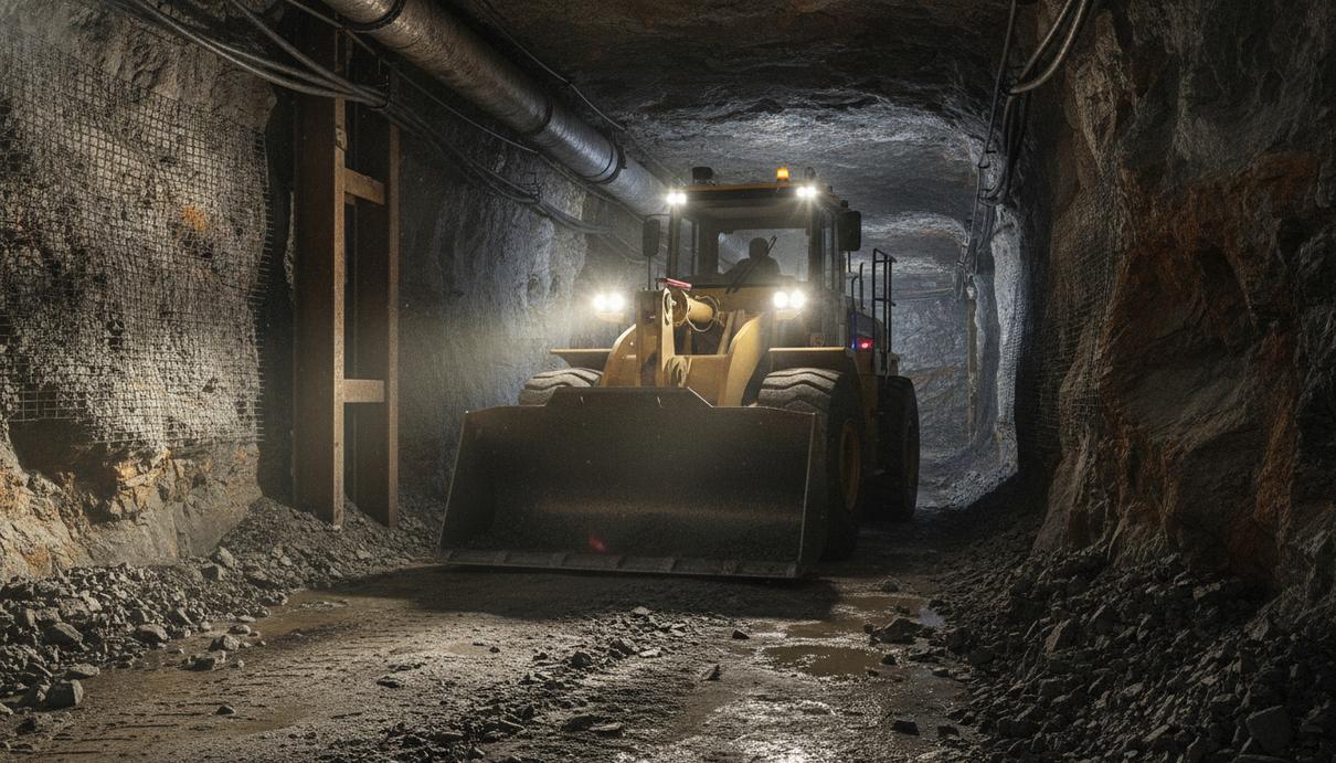Автономный низкопрофильный погрузчик Caterpillar в туннеле подземного рудника.