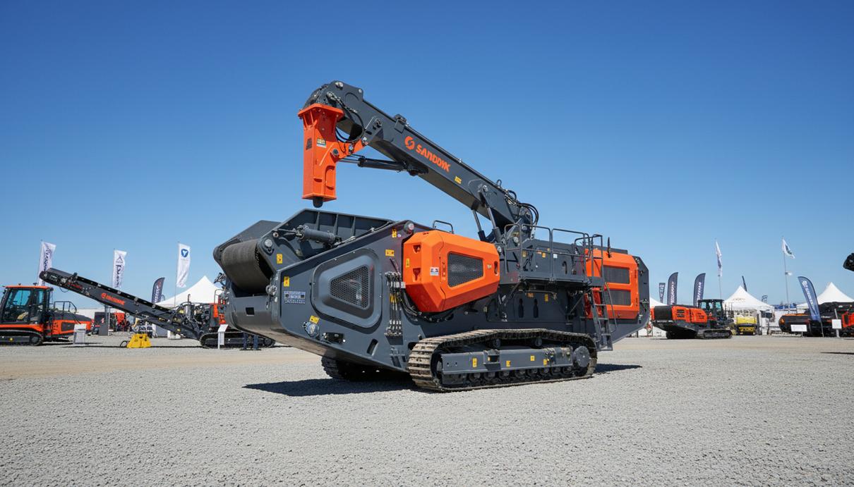 Новая гусеничная щековая дробилка Sandvik UJ443E с гидромолотом на открытой выставочной площадке.