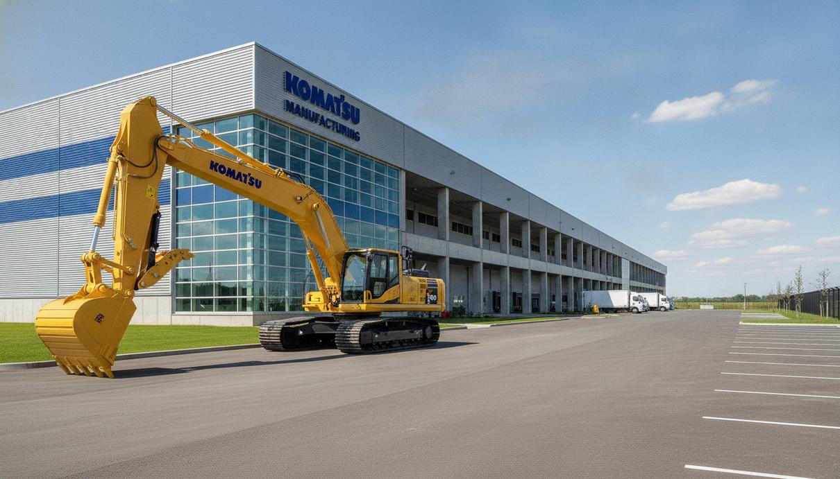 Новый жёлтый экскаватор Komatsu PC490LC-11 на фоне производственного корпуса завода компании в Чаттануге, США.