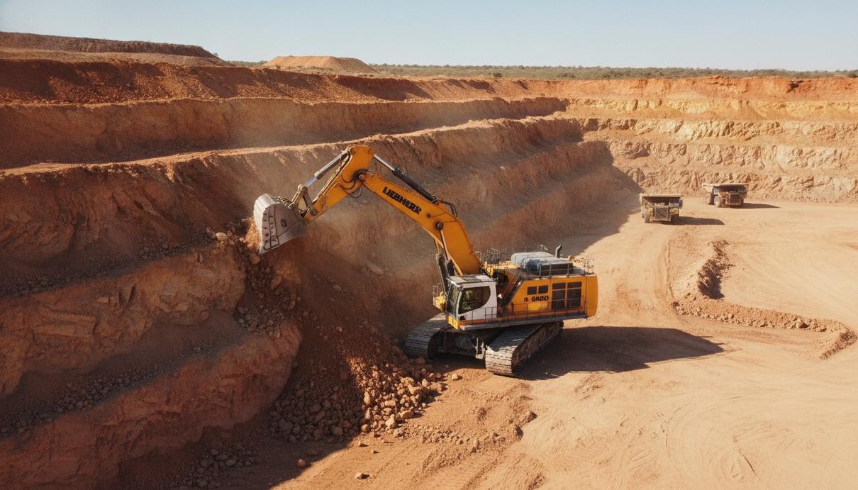 Крупный карьерный экскаватор Liebherr R 9600 на фоне открытого золотодобывающего карьера в Западной Австралии.
