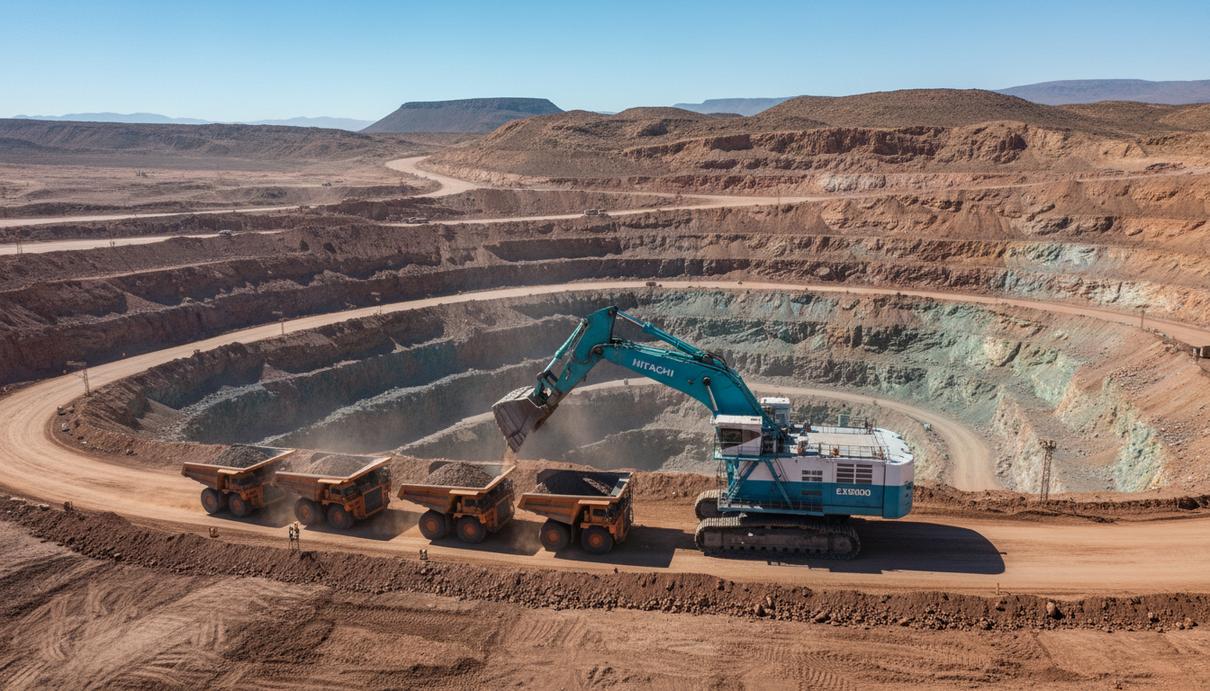 Большой карьерный экскаватор Hitachi и несколько оранжевых самосвалов в медном карьере в пустыне Атакама.