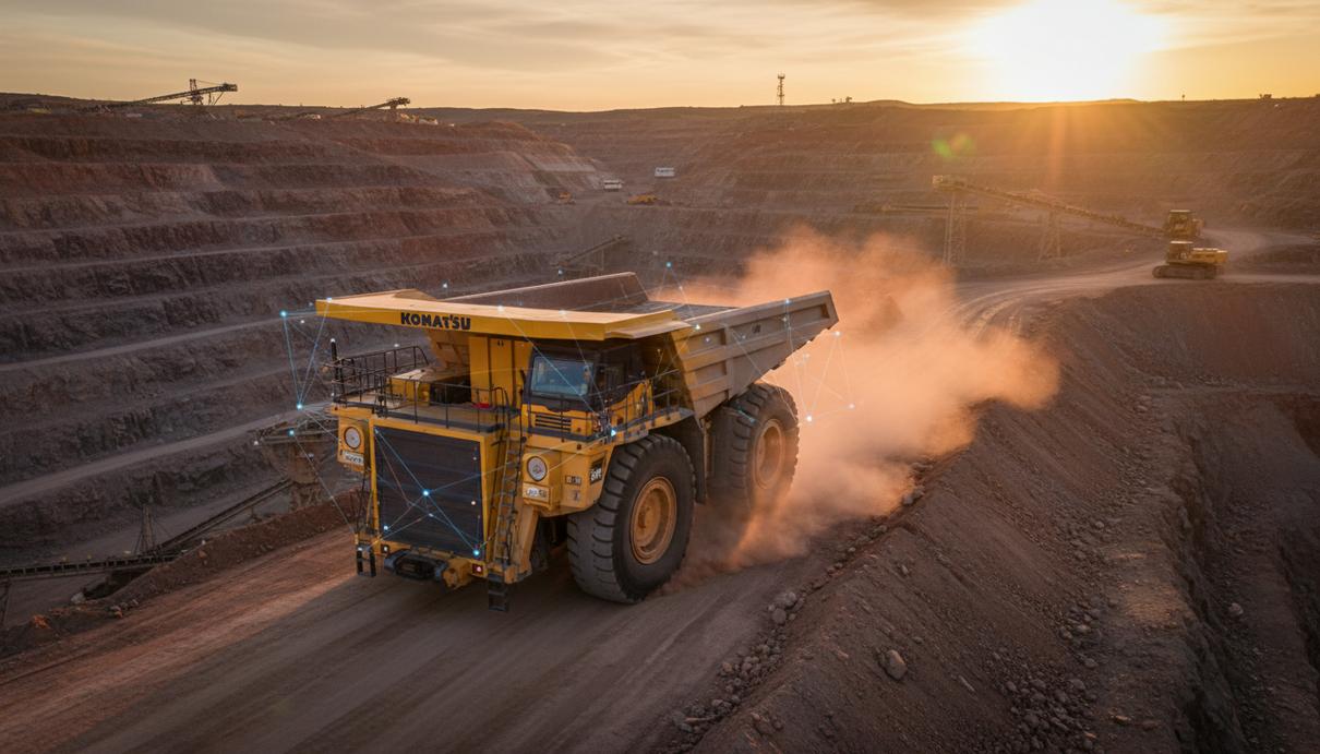 Огромный карьерный самосвал Komatsu в открытом разрезе на рассвете. Современная горнодобывающая техника в работе.