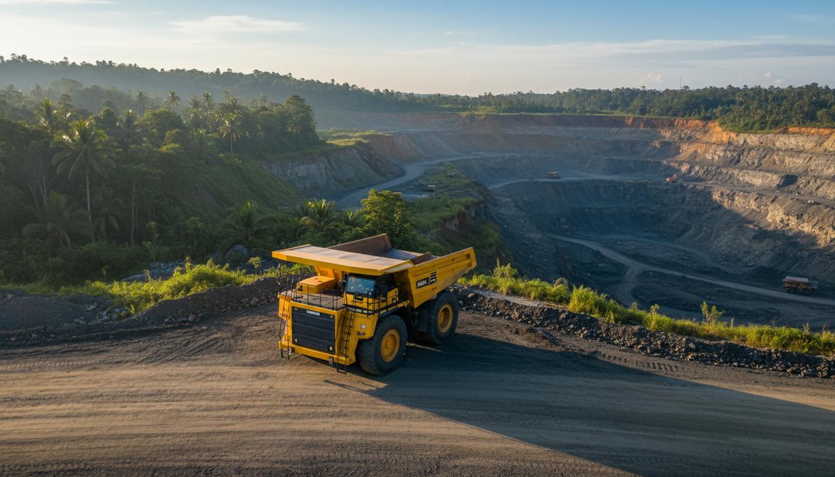 Новый карьерный самосвал Komatsu HW70 с широким кузовом на территории угольного разреза в Индонезии.