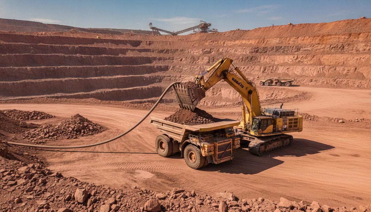 Огромный карьерный электроэкскаватор Komatsu PC7000-11 с кабелем питания грузит руду в 400-тонный самосвал на железорудном руднике.