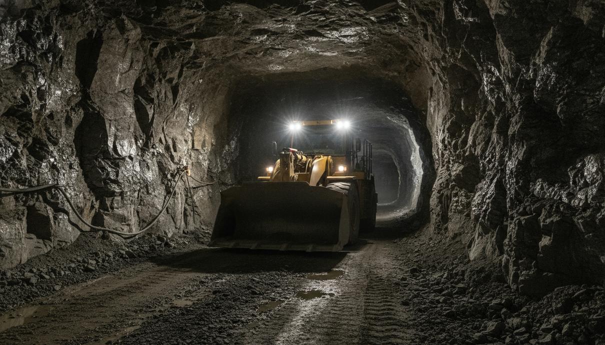 В Австралии автоматизировали последний в истории погрузчик Cat R2900G Жёлтый подземный погрузчик Cat R2900G едет по тёмному скальному тоннелю серебряно-свинцового рудника в Австралии.