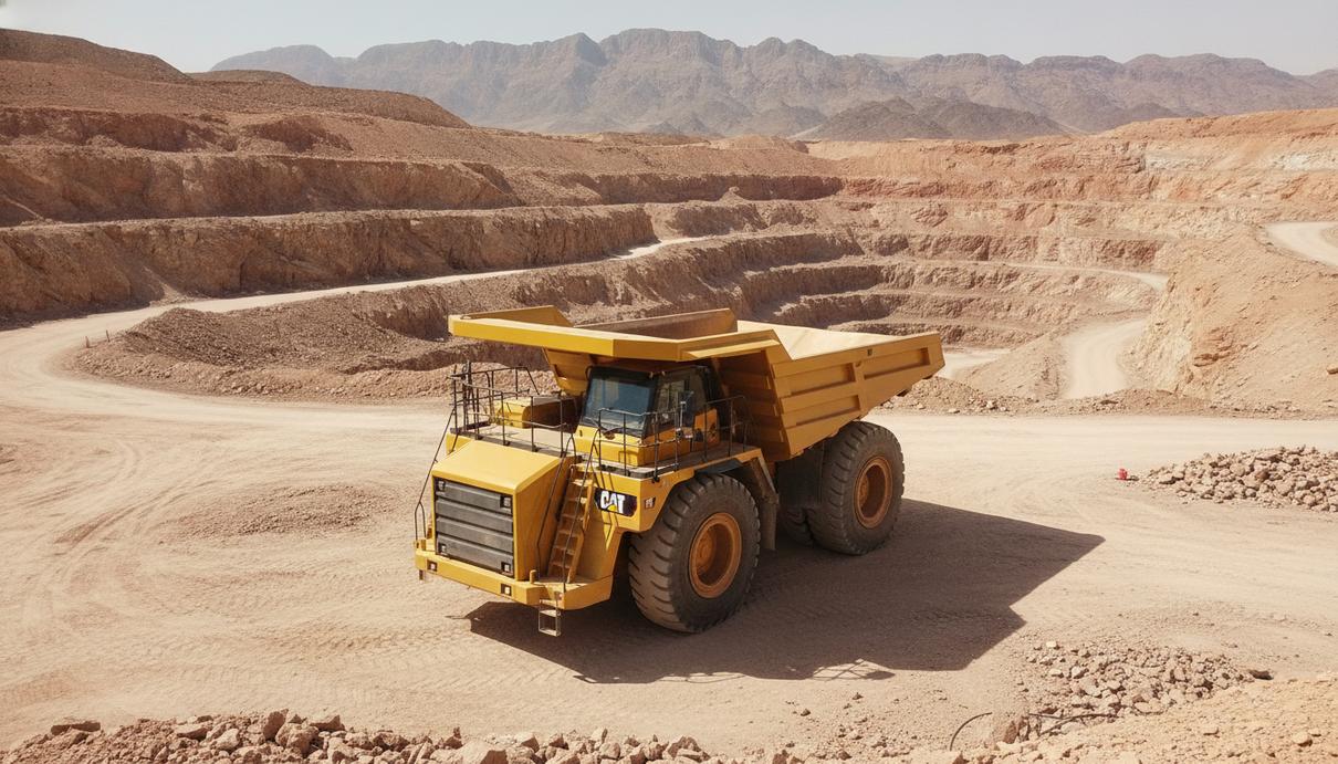 Желтый карьерный самосвал Cat 707 с широким кузовом в каменистом карьере на фоне гор.