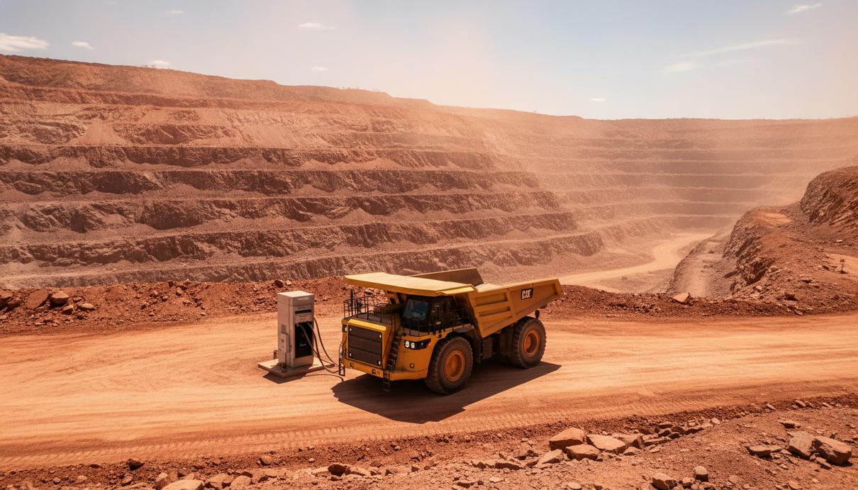Крупный карьерный электросамосвал Caterpillar на зарядной станции в железорудном карьере в австралийском регионе Пилбара.