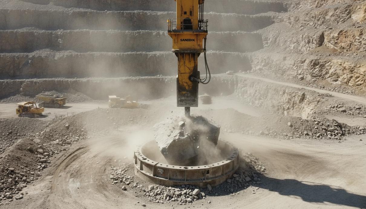 Sandvik расширяет присутствие в Африке за счёт сервисной поддержки Большой гидравлический молот Sandvik на манипуляторе разбивает негабаритный камень на руднике. Промышленное оборудование в карьере.