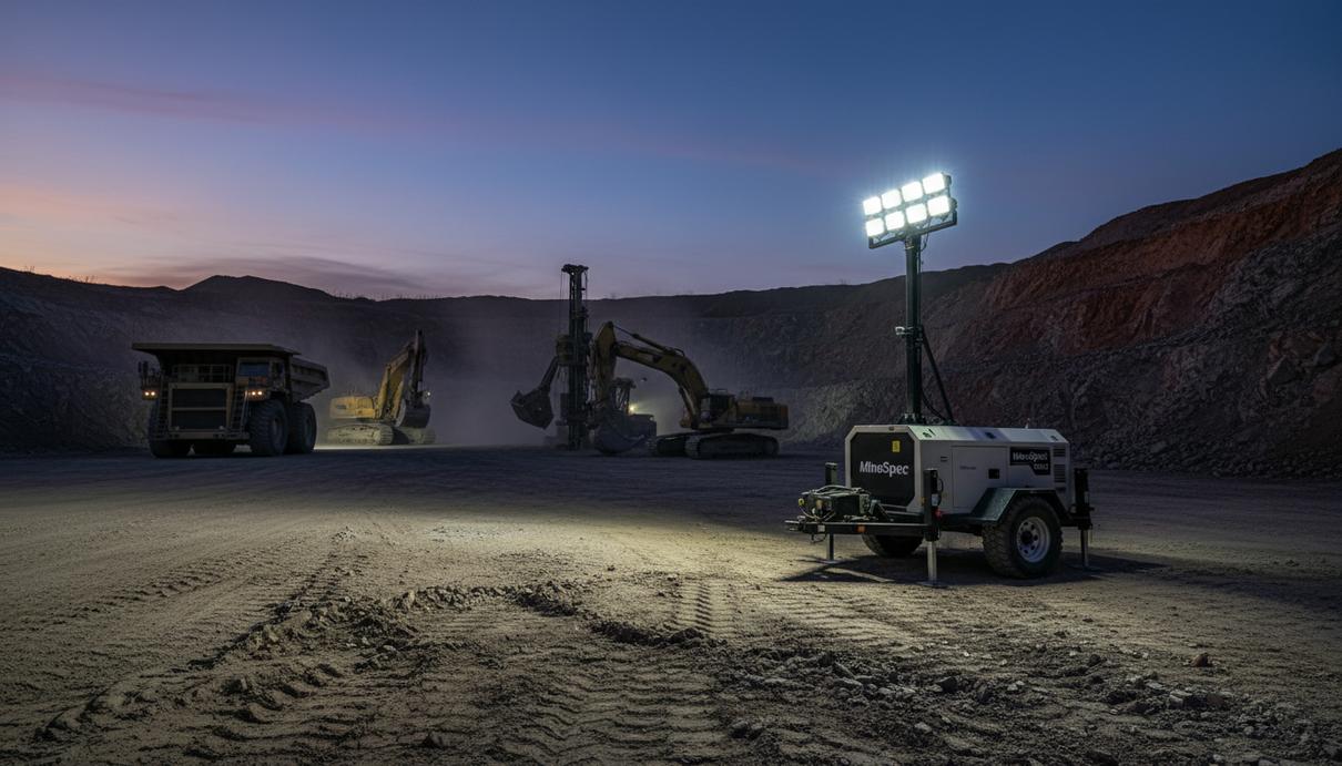 Мобильная осветительная мачта Allight MineSpec с яркими прожекторами в горном карьере на фоне спецтехники в сумерках.