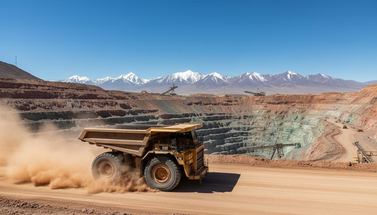 Крупнотоннажный карьерный самосвал Caterpillar на технологической дороге внутри медного рудника в горах Андах.
