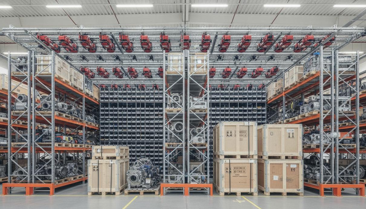 Sandvik передал DHL управление ключевым складом запчастей в Европе Современный складской комплекс с автоматизированной системой хранения и полками, заполненными запчастями для горной техники.