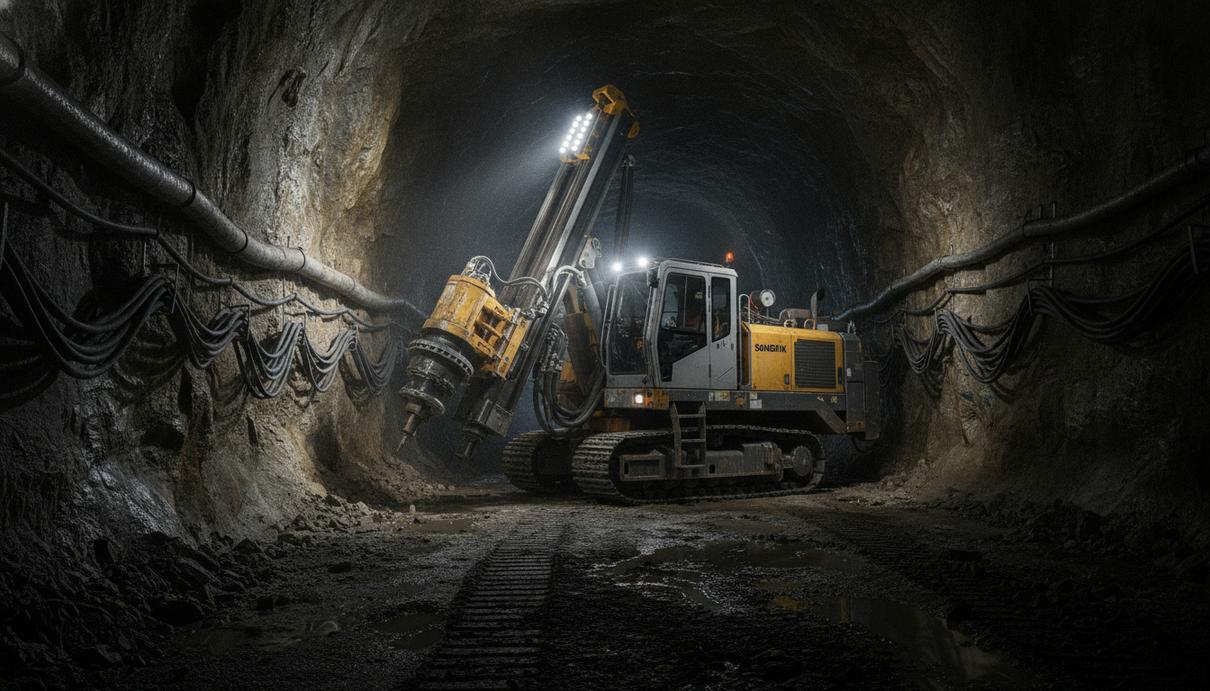 Sandvik оснастит оборудованием возрождаемый рудник Viscaria в Швеции Современная буровая установка Sandvik в туннеле подземного медного рудника на фоне каменной стены.