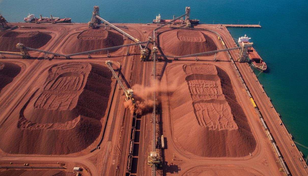 Monadelphous построит для BHP перегрузочный комплекс в Порт-Хедленде Промышленный портовый терминал для перевалки железной руды в Порт-Хедленде, Австралия. Видны вагоноопрокидыватели, конвейеры и склады руды.