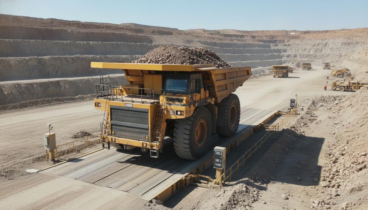 Kal Tire станет эксклюзивным дилером Transcale в Канаде Большой желтый карьерный самосвал с рудой в кузове стоит на промышленных весах в открытом карьере.