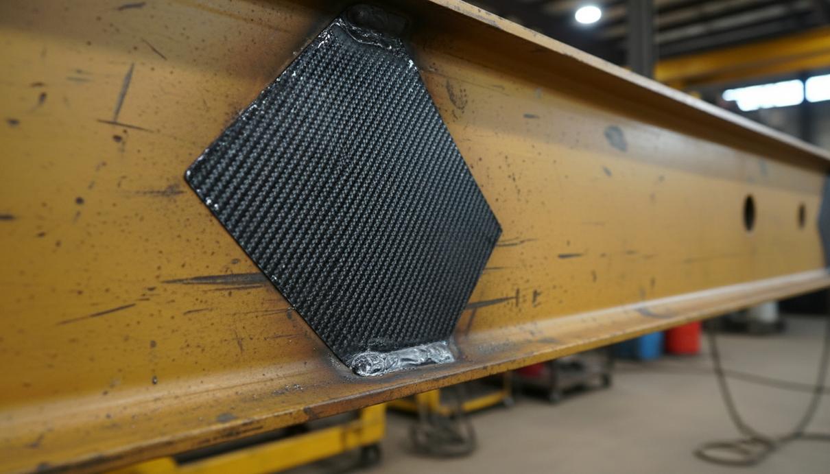 Thiess и Mechatronix продлят срок службы карьерной техники Крупный план композитной накладки из углеволокна, установленной на жёлтой стальной раме карьерного самосвала для усиления конструкции.