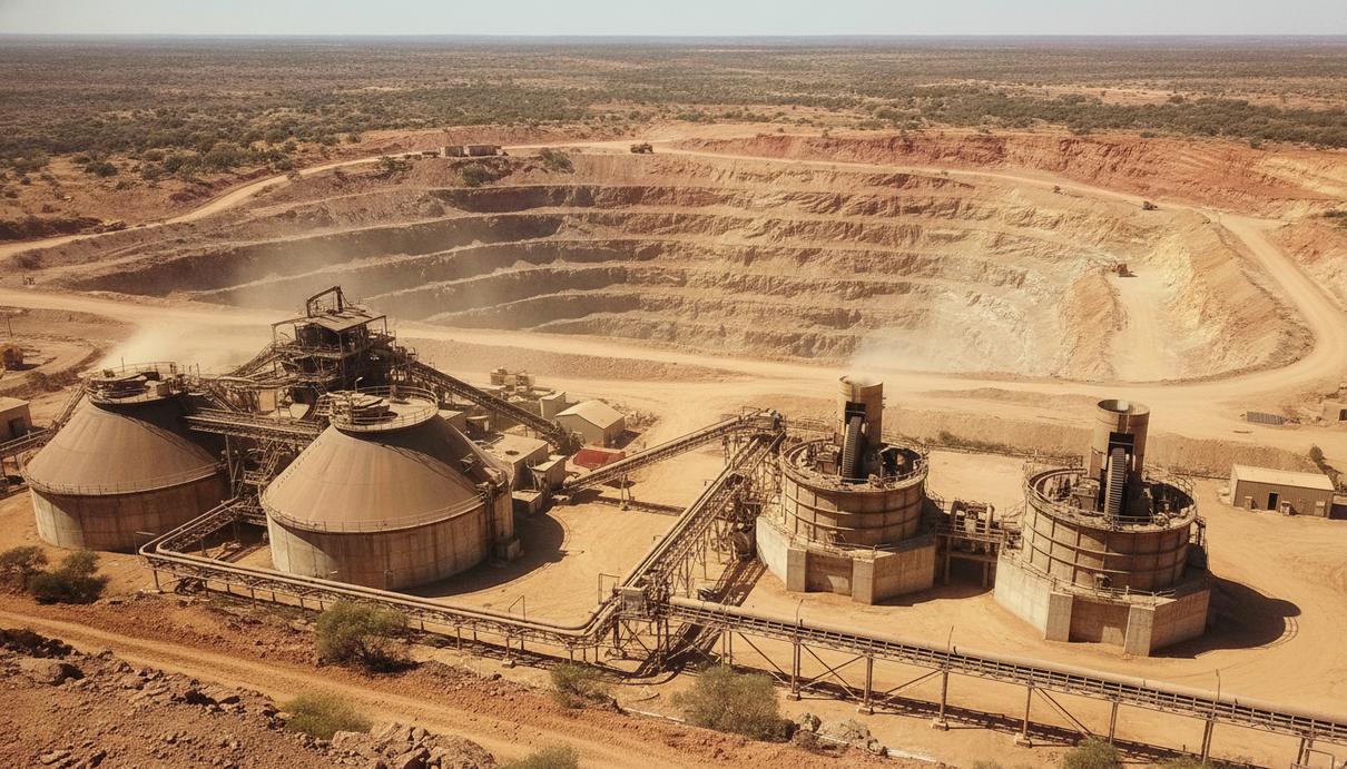 Rox Resources применит технологию Glencore для упорных руд в Австралии Золотодобывающий карьер в Западной Австралии с промышленными установками для переработки руды, включая чаны для выщелачивания и мельницы.