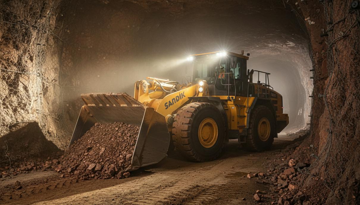 Крупный подземный погрузчик Sandvik Toro LH621i загружает медную руду в слабоосвещенном туннеле горнодобывающего комплекса.