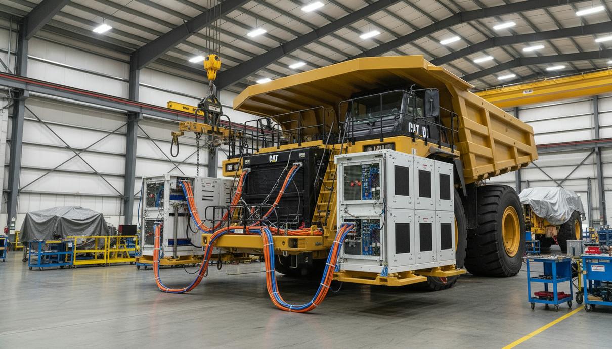 Карьерный самосвал Caterpillar 793D в цеху во время модернизации и установки компонентов гибридной силовой установки.