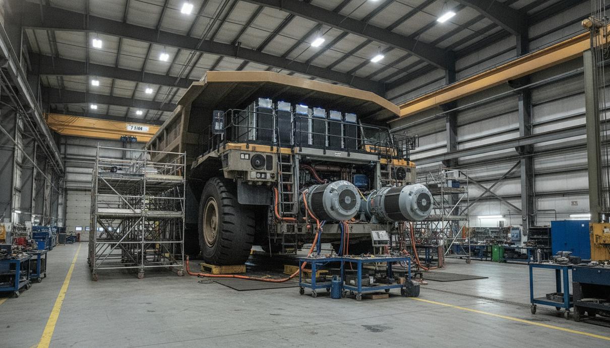 Крупный карьерный самосвал Caterpillar в сборочном цеху в процессе модернизации и установки электрического привода.