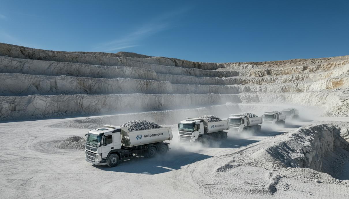 Беспилотные самосвалы Volvo FH перевозят породу в большом известняковом карьере на фоне скальных уступов.